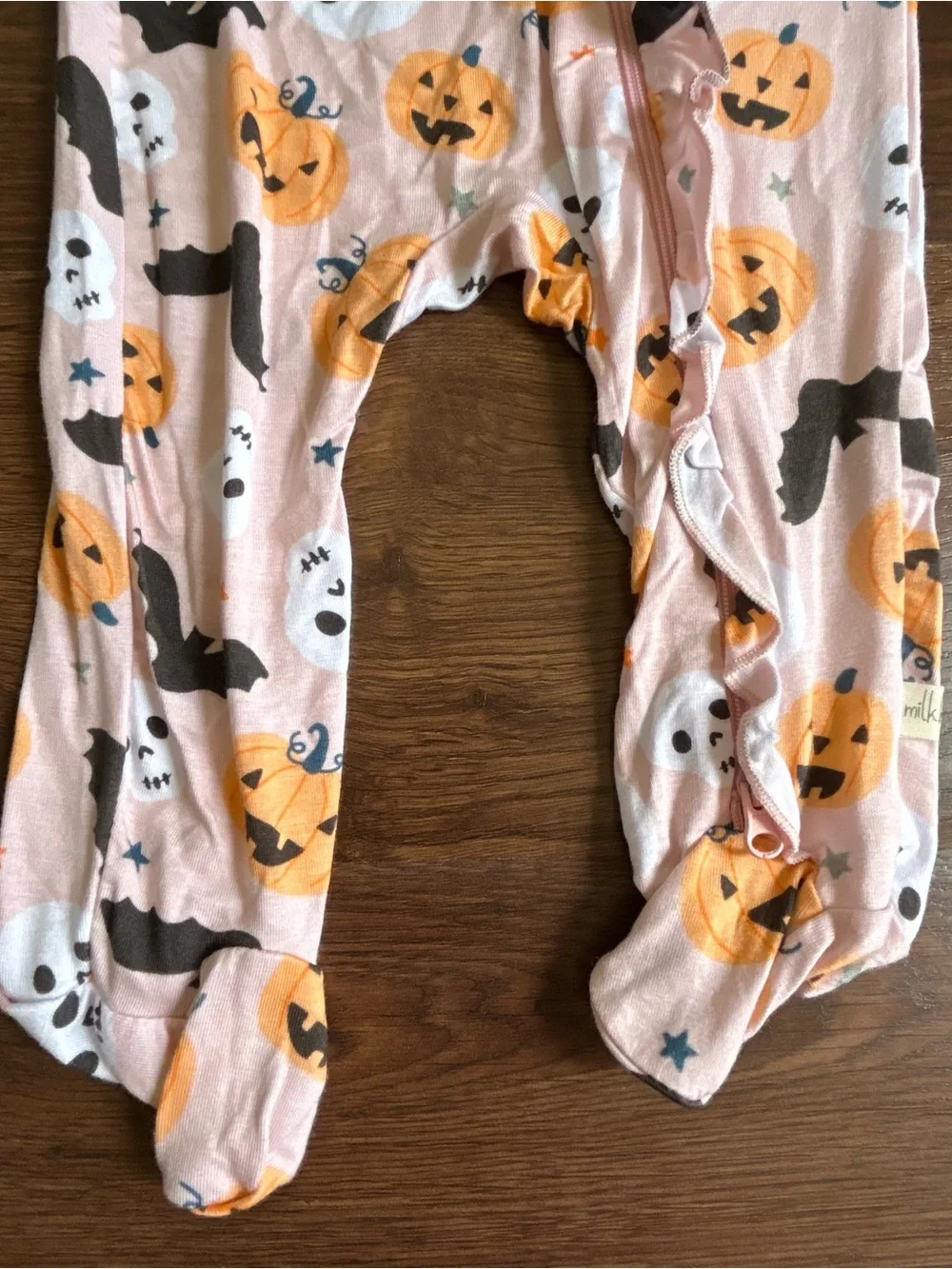 Milkberry Halloween Ruffle Bamboo Footie & Bow Set 6-9m Pumpkin Skull Bat